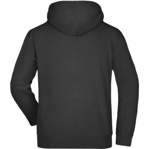 A black hooded sweatshirt featuring a hood and a relaxed fit. It includes a branded logo on the back.