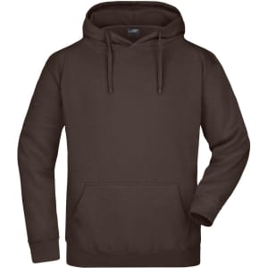 A brown hooded sweatshirt with a front pocket and drawstrings. It features a logo on the label.