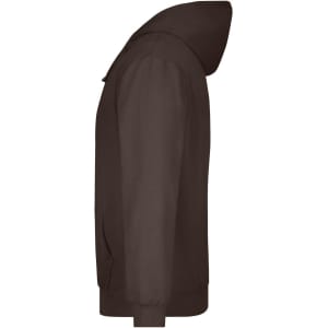 A brown hooded sweatshirt with a side view, featuring a hood and sleeves. Includes a logo on the front.