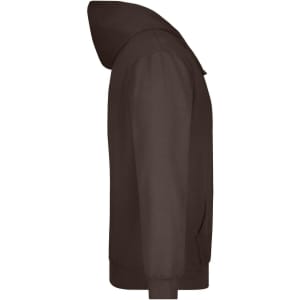A brown hooded sweatshirt with a side view. It features a hood and long sleeves, with a logo on it.