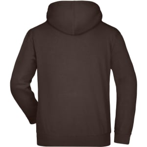 A brown hooded sweatshirt with a plain back, featuring a hood and long sleeves. It has a logo on the garment.