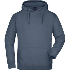 A navy hooded sweatshirt featuring a front pocket and drawstrings, with a logo on the label.