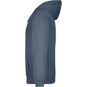 A navy hooded sweatshirt viewed from the side. It features a hood and has one logo displayed.