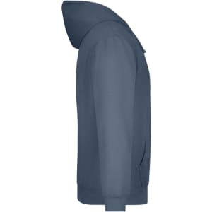 A navy blue hooded sweatshirt featuring a side view, with a hood and front pockets. It has a logo.