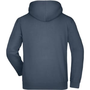 A navy hooded sweatshirt with a back view, featuring a large hood and simple design. Includes a brand logo.