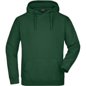 A green hooded sweatshirt featuring a front pocket and drawstrings, with a logo on the label.