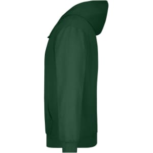 A green hooded sweatshirt featuring a side profile view. The design includes a hood and long sleeves.