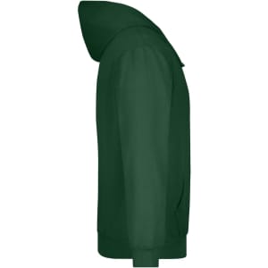 A green hooded sweatshirt displayed from the side, featuring a hood and a simple design with a logo.