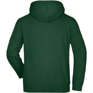 A green hooded sweatshirt featuring a rear view design and a hood. It includes a logo on the back.