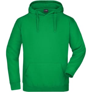 A green hooded sweatshirt featuring a front pocket and a drawstring hood, with a small logo.