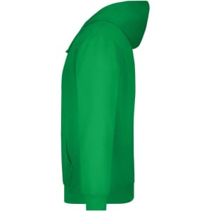 A green hooded sweatshirt featuring a side view. It has long sleeves and a hood, with a branding logo present.