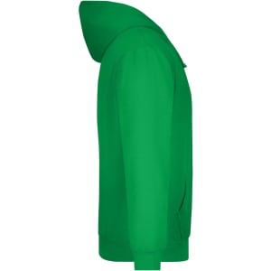 A green hooded sweatshirt with a kangaroo pocket and hood, displayed from the side. It features branding.