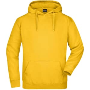 A bright yellow hooded sweatshirt with a front pocket and drawstrings at the hood, featuring a branding logo.