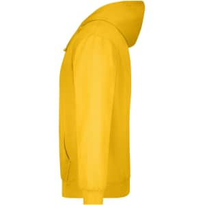 A yellow hooded sweatshirt with a side view, featuring a hood and front pockets. It has a logo on the front.