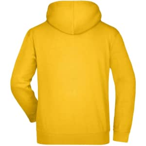 A yellow hooded sweatshirt featuring a back view and a hood, with a logo present.