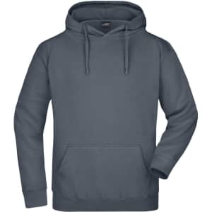 A grey hooded sweatshirt with a front pocket and drawstrings, featuring a branded label inside.