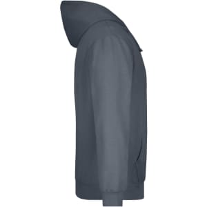 A grey hooded sweatshirt featuring a front pocket and a logo on the chest. Side view displayed.