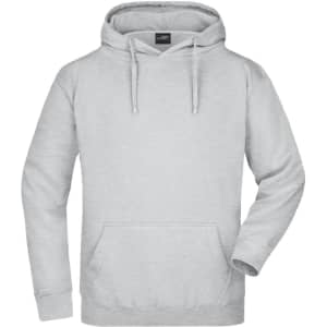 A grey hooded sweatshirt with a front pocket and drawstring hood. It features a logo on the label.