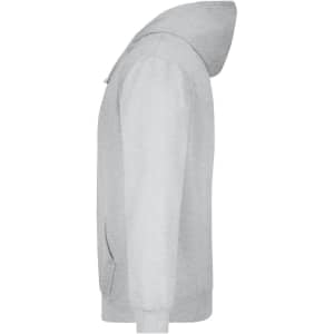 A grey hooded sweatshirt with a front pouch pocket and a hood, featuring a logo.