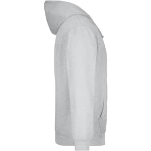 A grey hooded sweatshirt with a kangaroo pocket and a hood, featuring a logo on the front.