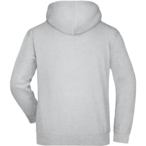 A grey hooded sweatshirt featuring a back view, with a plain design and a logo.