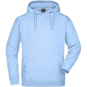 A light blue hooded sweatshirt with a front pocket and drawstring hood. It features a logo on the label.