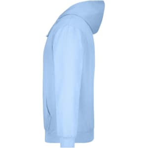 A light blue hooded sweatshirt featuring a hood and front pockets, with a logo on it.