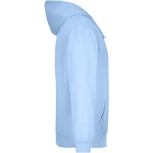 A light blue hooded sweatshirt with a front pocket and a logo on the side.