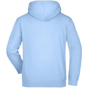 A light blue hooded sweatshirt with a back view, featuring a simple design and one branding logo.
