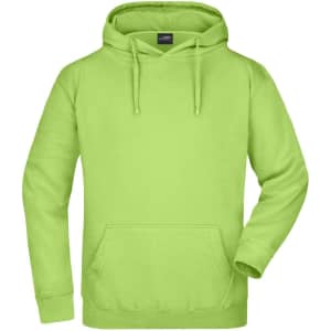 A bright lime green hooded sweatshirt with a front pocket and drawstring hood. It features a logo on the label.