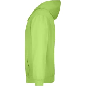 A bright green hooded sweatshirt with a side view, featuring a hood and pockets. It has a logo on it.