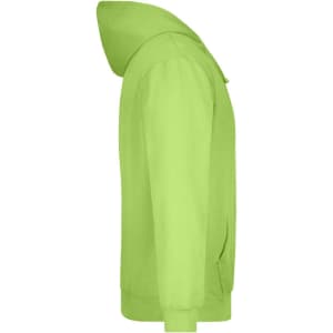 A bright green hooded sweatshirt featuring a kangaroo pocket and a hood. The design includes a logo.