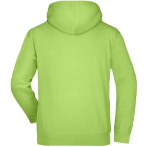 A green hooded sweatshirt with a back view, featuring a hoodie and long sleeves. It has a logo.