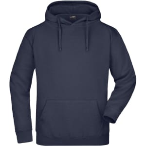 A navy hooded sweatshirt with a front pocket and drawstrings. The product has a logo on the label.