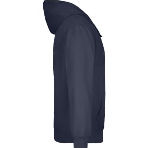 A navy hooded sweatshirt featuring a side view with a large hood and pockets. It has a logo on the front.