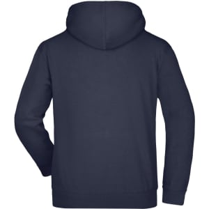 A hooded sweatshirt in navy blue with a simple design and a logo on the back.