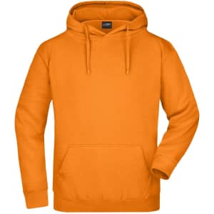 An orange hooded sweatshirt featuring a front pocket and a drawstring hood. It has a logo on the label.