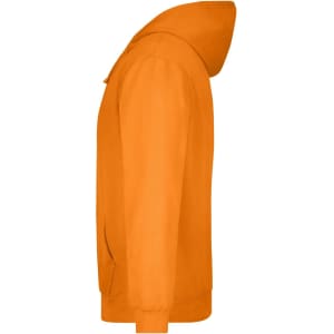 An orange hooded sweatshirt with a kangaroo pocket and a hood, featuring a logo on the front.