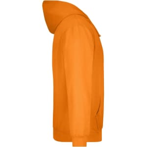 An orange hooded sweatshirt with a front pocket and a fitted hood, featuring a logo on the front.