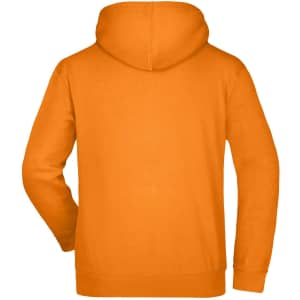 An orange hooded sweatshirt with a simple design, featuring a logo on the back.