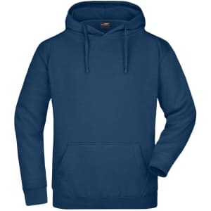 A navy hooded sweatshirt featuring a front pocket and a drawstring hood, with a brand logo on the label.