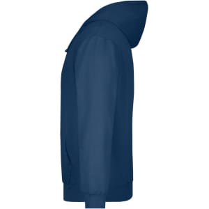 A navy blue hooded sweatshirt with a side view, featuring a hood and a subtle branding logo.