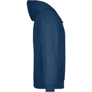 A navy blue hooded sweatshirt featuring a side view, with a hood and long sleeves. It has a logo on the front.