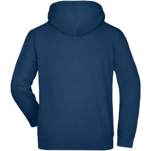A hooded sweatshirt in navy blue, featuring a plain back and long sleeves. Includes a branding logo.