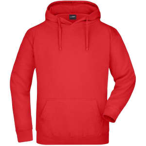 A red hooded sweatshirt with a front pocket and a drawstring hood. It features a logo on the label.