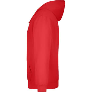 A red hooded sweatshirt with a side view. The hoodie has a front zipper and features a logo.