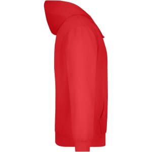 A red hooded sweatshirt features a spacious hood and a side view showcasing its sleek design.