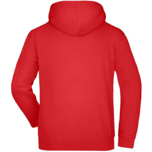 A red hooded sweatshirt with a large hood and a plain back, featuring a logo.