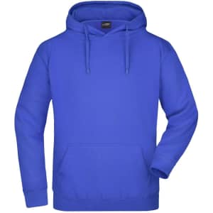 A blue hoodie with a kangaroo pocket and drawstring hood, featuring a logo on the chest.