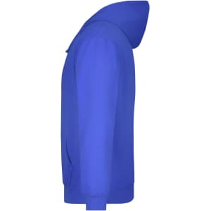 A blue hooded sweatshirt with a kangaroo pocket and a logo on the front side.